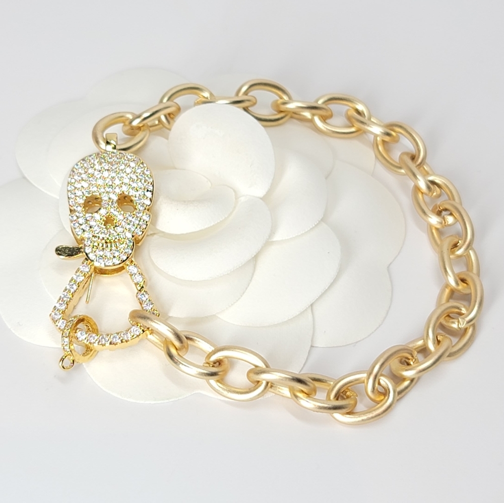 Bling Skull Pave CZ Gold Chain Bracelet NEW